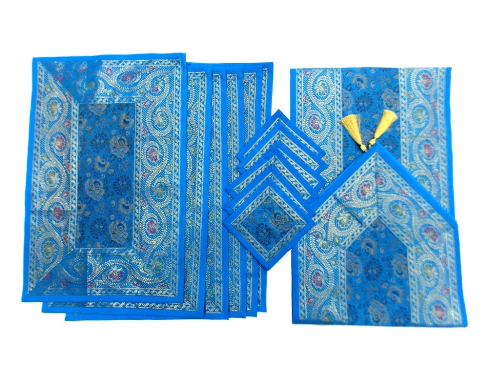 Indian Silk Table Runner with 6 Placemats & 6 Coaster in Blue Color Size 16x62